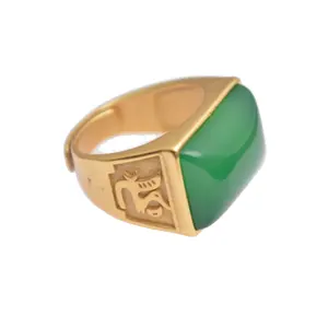 Flourishbeads Circle Adjustable Natural Green Chalcedony Agate Gemstone Square Cabochon Man Band Rings