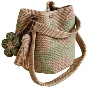 Borsa Tote Artigianale all'<span class=keywords><strong>Uncinetto</strong></span> con Fiori, Borsa a <span class=keywords><strong>Tracolla</strong></span> Floreale in Poliestere Lavorato a Maglia, Borsa a Spalla Boho da Spiaggia da Donna - Product Image 5