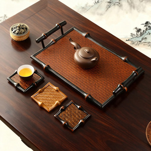 Bandeja de Té de Bambú Estilo Chino, Rectangular, para Preparación de Té Seco, Mesa de Servicio, Almacenamiento Multifuncional, Acabado Lacado - Product Image 1