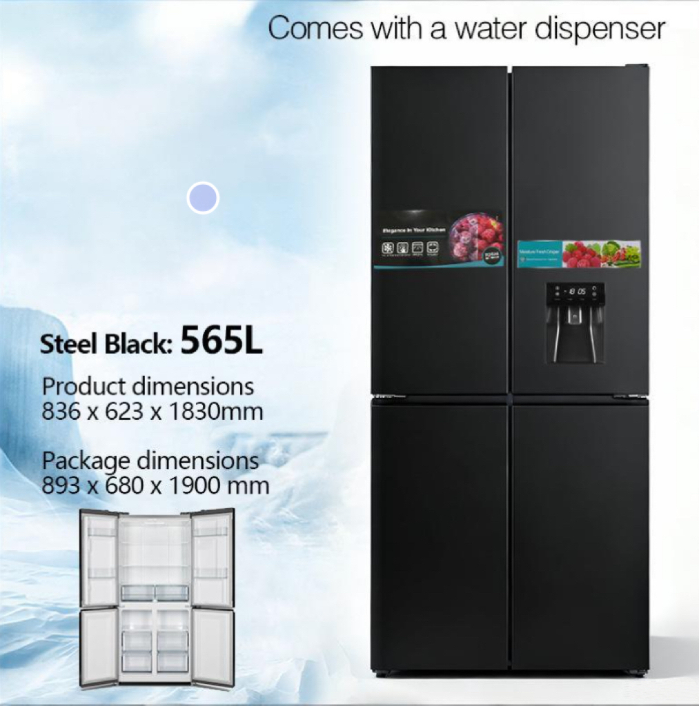 Panel de acero negro con dispensador de agua negro.