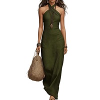 Gaun Maxi Halter Neck Khaki Elegan untuk Wanita, Gaun Panjang Bohemian Tanpa Lengan dengan Kerah Silang, Bahan Linen untuk Pesta Pantai Musim Panas