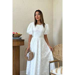 Robe trapèze blanche brodée à nouer dans le dos, taille naturelle, en tissu respirant, décontractée et confortable - Product Image 4