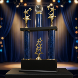 Trofeo de Metal Fundido a Presión con Tema de Estrellas, Columnas Azules y Estrellas Doradas para Deportes, Grabado, Diseño Duradero, Base Negra Fundida - Product Image 1