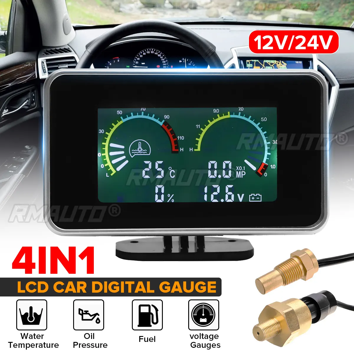 4in1 LCD Car Digital Gauge Oil Voltage Pressure Fuel Water Temp Meter M10 Auto Replacement Parts 12V 24V