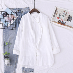 Kadın bahar pamuk ipliği üstleri nefes gömlek uzun kollu standı yaka rahat bluz düğmesi yumuşak Midi uzun rahat gömlek - Product Image 1