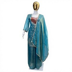 Robe Anarkali pour femme en soie bleue brodée, style traditionnel indien pakistanais, longueur ras du sol, coupe ample, pour mariage - Product Image 1