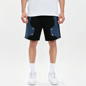 Pantalones Cortos de Mezclilla para Hombre con Bloques de Color, Negro y Azul, con Remaches Decorativos, Ajuste Holgado, Estilo Urbano - Product Image 5