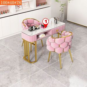 Modern Pink PU Leather <b>Manicure</b> <b>Table</b> and Chair Set with Gold Frame for Nail Beauty Salon Furniture 100x40x78cm - Product Image 1