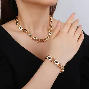 SISIYU 2件迪拜18k 24k派对链金色纯镀Brazaletes女式珠宝项链手链套装