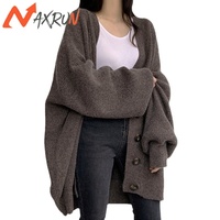 Nouvelle collection Printemps 2024 : Cardigan long en maille style coréen, col en V, grande taille, manches lanternes, coupe ample, imprimé tendance pour femme