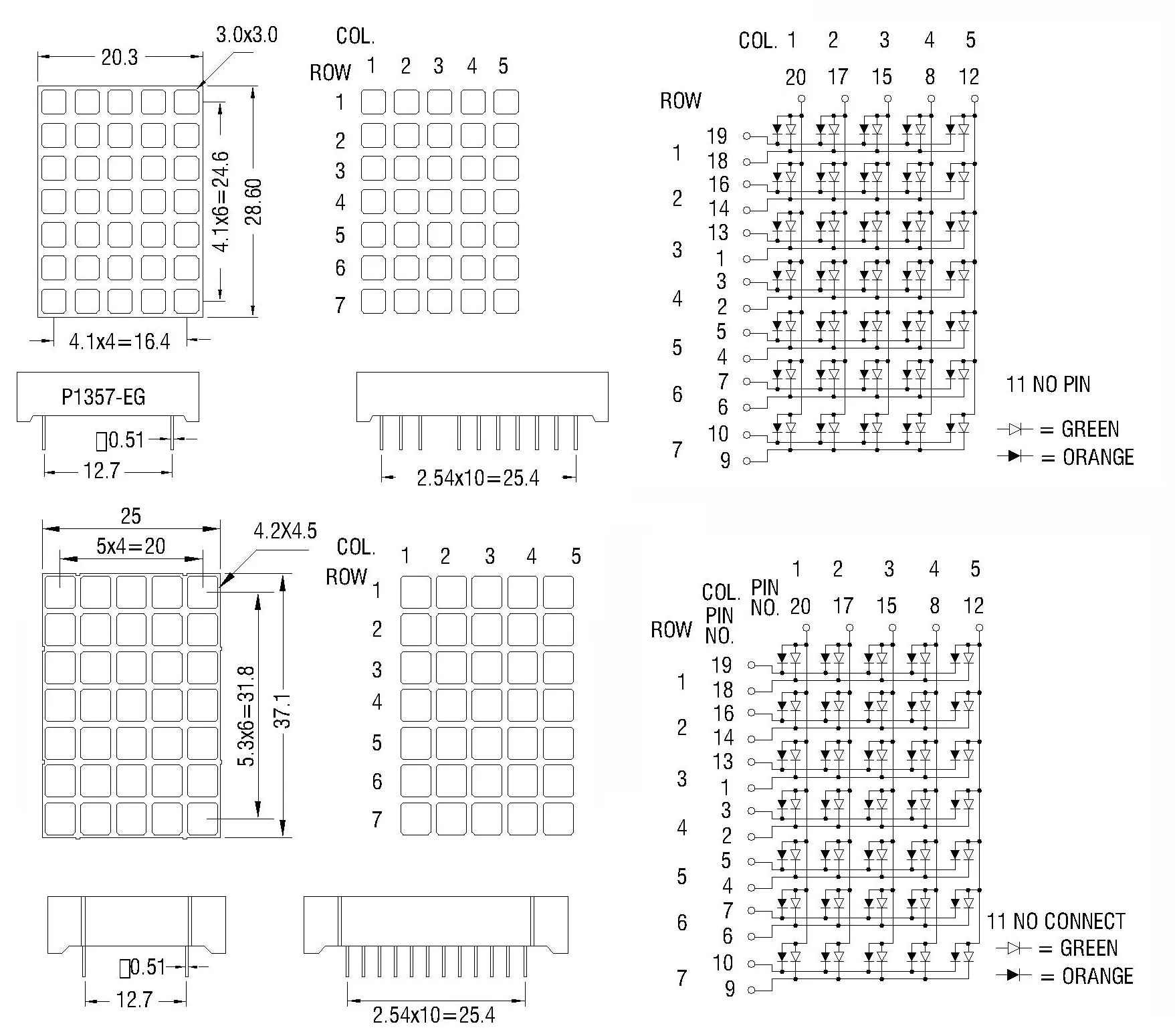 3mmオレンジ5x7LEDマトリックスLEDディスプレイエレベーター部品