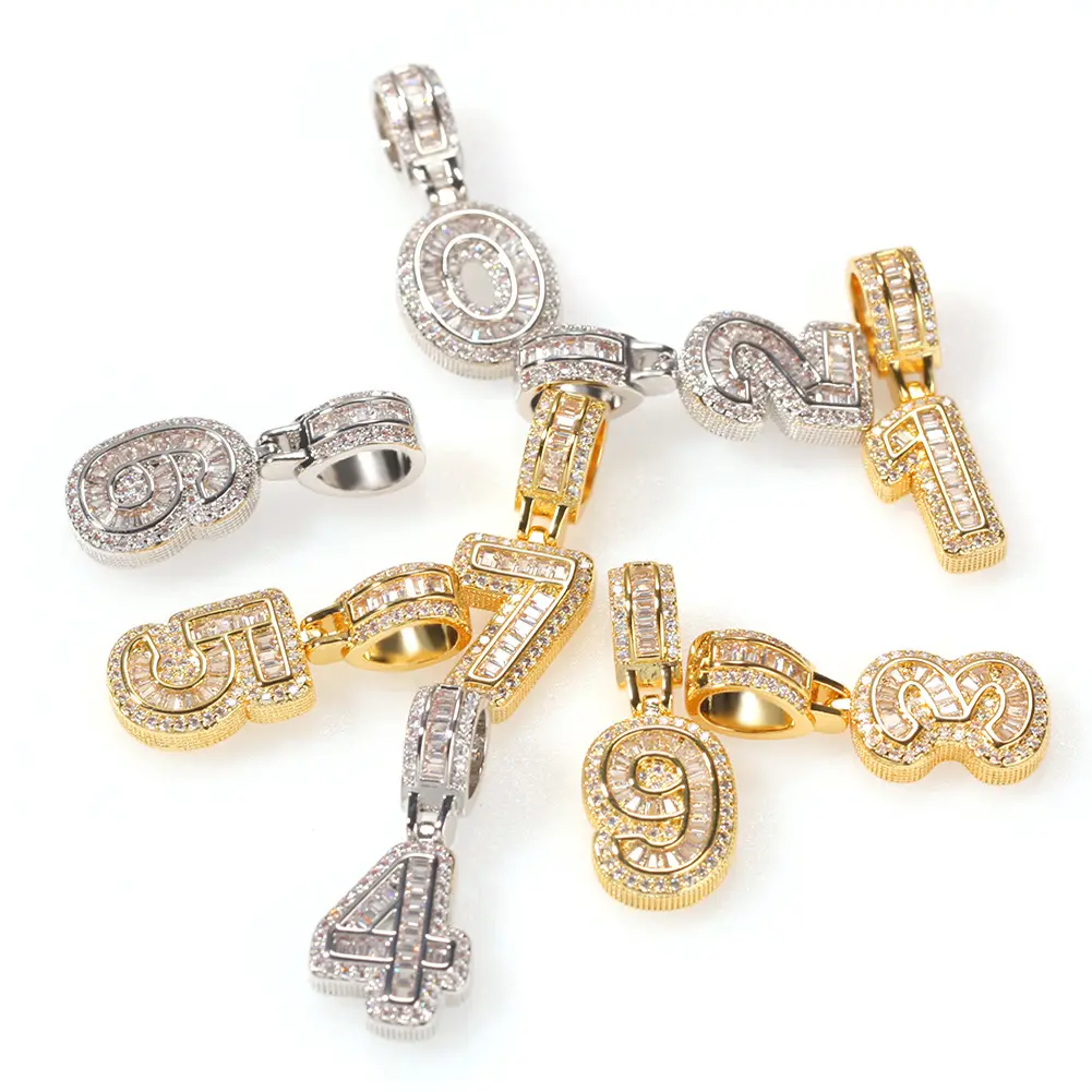 0 zu 9 Gold Silber Zahlen Nach Name Anhänger Halsketten Charme Für Männer Frauen Cubic Zirkon Hip Hop Iced Out schmuck Geschenke