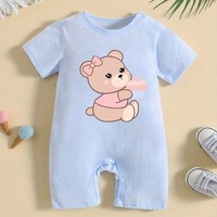 Romper Bayi Summer Infant Ramah Lingkungan Bahan Katun 100% Bernapas Motif Beruang Kecil Lengan Pendek Biru Untuk Anak Laki-Laki dan Perempuan Kancing Tekan