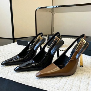 Zapatos de tacón de aguja finos de metal con hebilla y punta en pico para mujer, sandalias sexys con corte lateral y destalonado de charol - Product Image 2