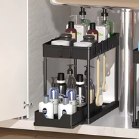 Mehrzweck-Spülbeckenorganizer mit zwei Ebenen, 2er-Pack, ausziehbares Regal, Schiebe-Badezimmerschrank-Aufbewahrung, Schwarz/Rustikales Braun
