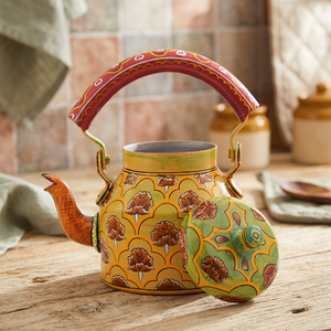 Tea Kettle With <b>Lid</b> Hand Painted Floral Design Yellow Green Red Handle Water <b>Pot</b> - Product Image 2
