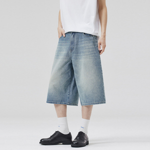 Pantalon en jean délavé coupe large 7/8 style coréen pour <span class=keywords><strong>homme</strong></span>, collection été 2025 – <span class=keywords><strong>Short</strong></span> ample et droit pour <span class=keywords><strong>homme</strong></span> - Product Image 5