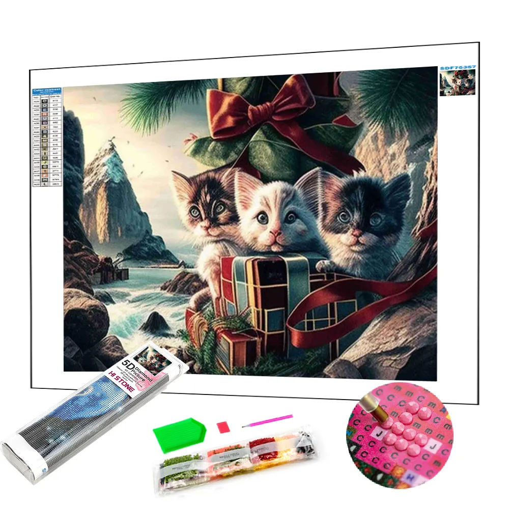 มือวาดชุดสัตว์สามแมวน่ารัก 5d ภาพวาดเพชรคริสตัล Rhinestone เย็บปักถักร้อยภาพวาดตกแต่งบ้านหรูหรา
