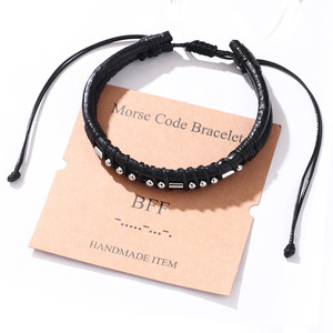 Bracelet perlé en acier inoxydable tendance personnalisé bracelet pour hommes en PU et cuir véritable couples bracelet en code Morse - Product Image 4