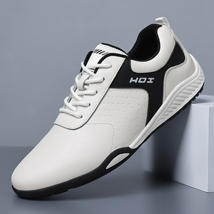 Chaussures de marche Hoi en cuir véritable, bout rond, lacets, doublure en maille respirante, semelle extérieure en caoutchouc, baskets décontractées blanches pour hommes - Product Image 1