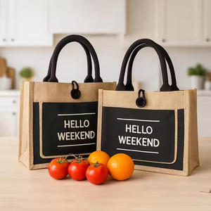 Sac fourre-tout réutilisable en jute avec poignées en coton, motif dessin animé en lin et chanvre, sérigraphié, style mode, promotionnel - Grande Vente - Product Image 1