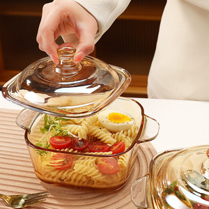Ciotola in Vetro Ambrato per Insalata e Noodle, con Coperchio, Alta Qualità Cromatica, Pentola Spessa a Due Manici, Stoviglie Monouso per Feste - Product Image 2