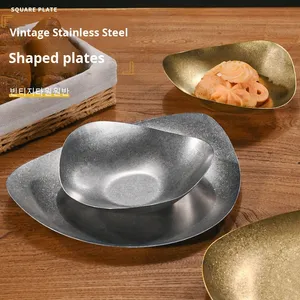 Plato <span class=keywords><strong>de</strong></span> Cena Irregular <span class=keywords><strong>de</strong></span> Acero Inoxidable Vintage, Plato para Barbacoa <span class=keywords><strong>de</strong></span> Comida Occidental al Aire Libre, Plato Dorado Vintage para Postre - Product Image 2