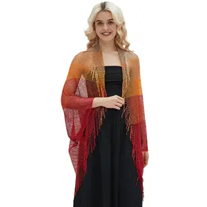Women Summer Fashion Tourism Sunscreen Mesh Knitted Shawl Beach Style Multi Color Lady Cape with Tassels