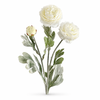 Bouquet de fleurs artificielles de mariage en ranunculus blanc à 3 têtes, avec feuilles floquées, pour la décoration de la maison, du vase ou comme centre de table