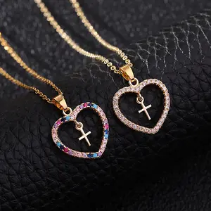 Hot Sale Fashion Jewelry Micro-set Colorful Zirconia Geometric Cross Pendant Heart Necklace