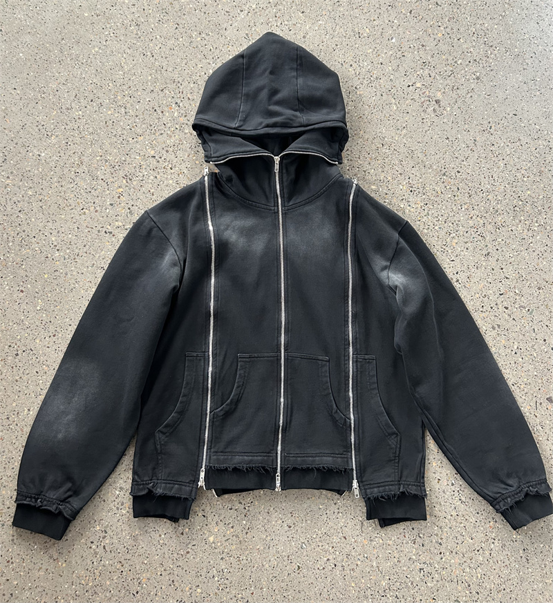 トップス Heavy weight double zip-up hoodie FAIABLE Mens Womens Double Zip Up Hoodie Oversized Acid Wash