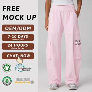 Pantaloni <span class=keywords><strong>Cargo</strong></span> Rosa da <span class=keywords><strong>Donna</strong></span> su Misura OEM, Gamba Larga, Vita Alta, Produzione di Abbigliamento con Etichetta Privata, Fabbrica all'Ingrosso - Product Image 1