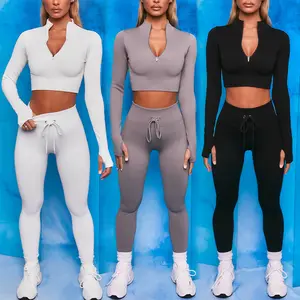 Workout Sets for Women 2 Piece Seamless Ribbed Crop Tank Tops High Waist Yoga Leggings Gym Clothes Active Wear Outfits