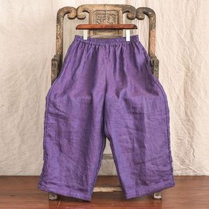 Wide Leg Pants Cotton Linen Cropped Mid Waist Orange Breathable Casual Women's Pants - Product Image 3