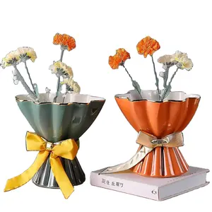 Goldrand Keramik Vase Bogen Binden Schreibtisch Porzellan nasse Blume Pflanze konservierte Vase Garten Dekor Haus Inneneinrichtung