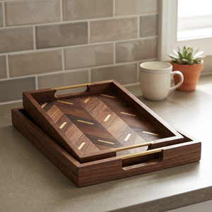 Bandeja Rectangular de Madera de Acacia Hecha a Mano, Ecológica, con Incrustaciones Doradas, Diseño Minimalista, para Cocina, Comedor, Decoración para Ramadán y Eid - Product Image 1