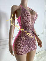 Robe courte rose Ocstrade à dos nu, style licou, avec strass, col en V, pour soirée, club, anniversaire, sexy et luxueuse