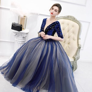 Navy Blue Velvet Ball Gown V Neck Backless <b>Tulle</b> <b>Skirt</b> Evening <b>Dress</b> Women Formal Party Wedding <b>Dress</b> - Product Image 3