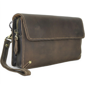 Brown Leather Clutch <b>Wallet</b> with <b>Zip</b> Around Closure and Adjustable Strap - Product Image 1