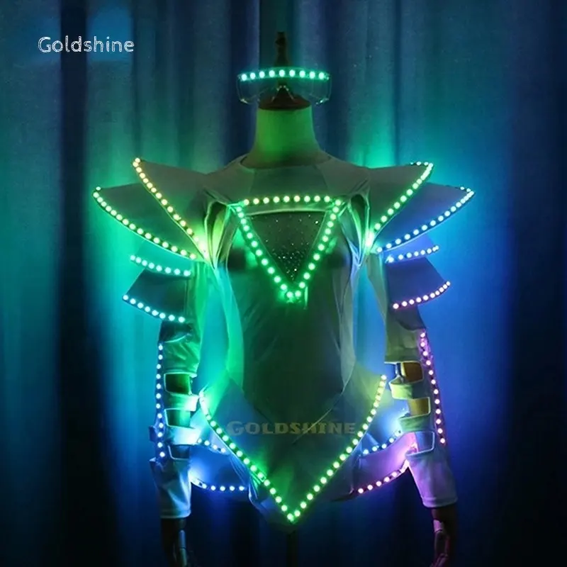 LED tari tiang Leotard pertunjukkan kostum Led rave kostum badan pendek Jumpsuit Bar warna penuh LED rok bercahaya panggung pakaian seksi