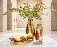 Vase en verre artistique gaufré or ambre de luxe pour l'automne, ensemble de plateaux à fruits, centre de table moderne à motif de feuilles pour mariage, fête et décoration intérieure