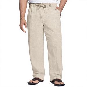 Servicio OEM al por Mayor, Pantalones Casuales de Lino para Hombre, Estilo Recto, para Playa y Verano, Cintura Elástica con Cordón, Ligeros, con Bolsillos Laterales - Product Image 1