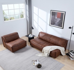 Classic Vintage 1+3 Seater <strong>Brown</strong> Genuine Leather <strong>Sofa</strong> Soft Simple Design for Living Room - Product Image 1