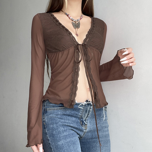 Haut décontracté d'été Y2K à manches longues, couleur unie, respirant, écologique, avec empiècements en dentelle tie-dye et maille transparente, à lacets - Product Image 4