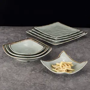 Custom Logo 3.5-11 inch porcelain flat plates dishes retro square melamine plate and bowl for restaurant hotel