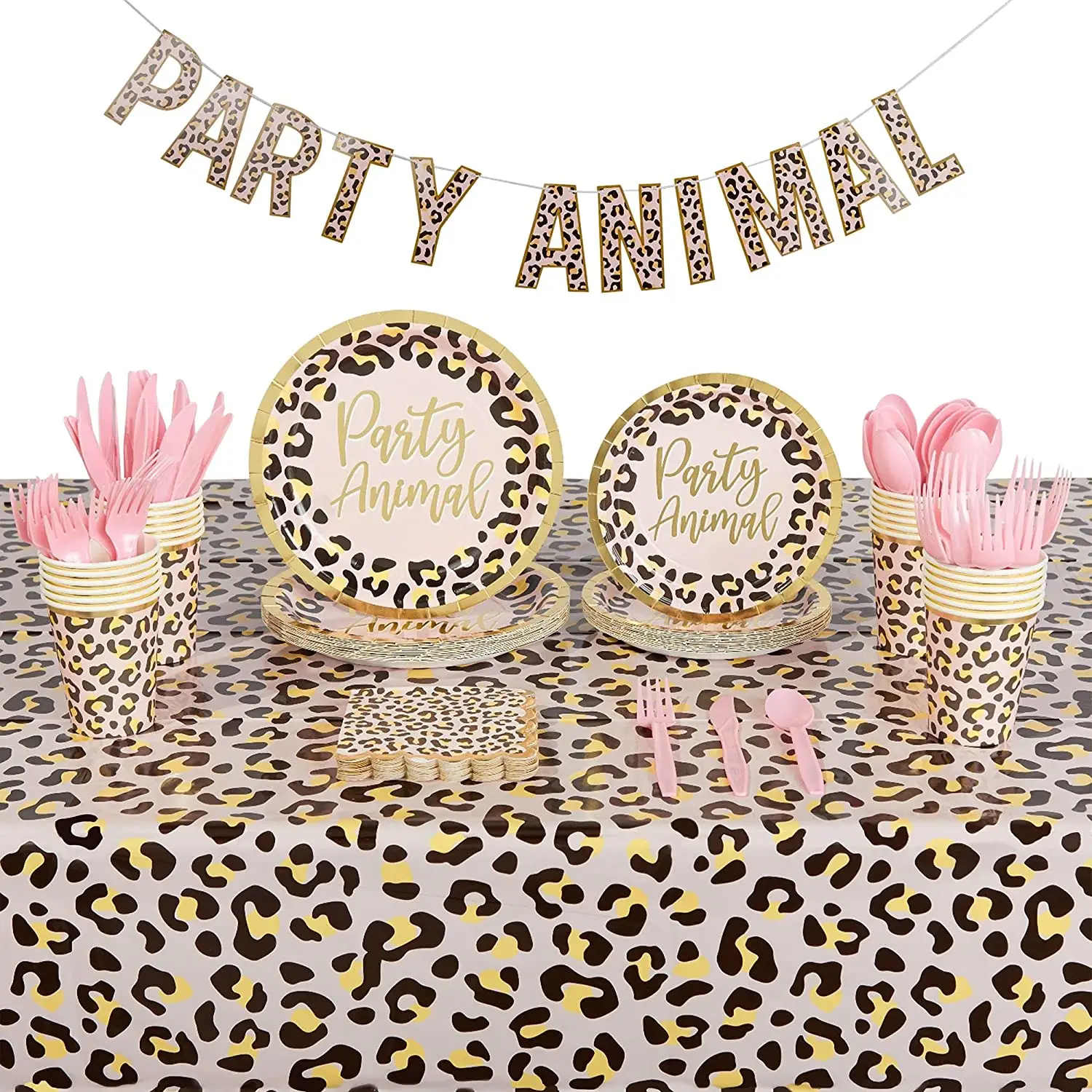 子供の誕生日パーティー食器ピンクヒョウ柄動物パーティー装飾パーティー用品キット