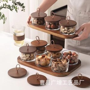 Plateau de service en bois avec bocaux en verre et couvercles, plateau à compartiments multiples pour les en-cas et le thé - Product Image 1