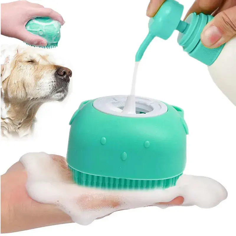 Logotipo personalizado Silicone Cat Limpeza Grooming Ferramentas Dog Shower Wash Pet Bath Brush com Massagem Shampoo Dispenser