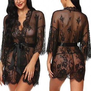 Camisón Sexy de Encaje para Mujer, Manga Larga, con Cinturón, Conjunto de Ropa de Dormir - Product Image 2