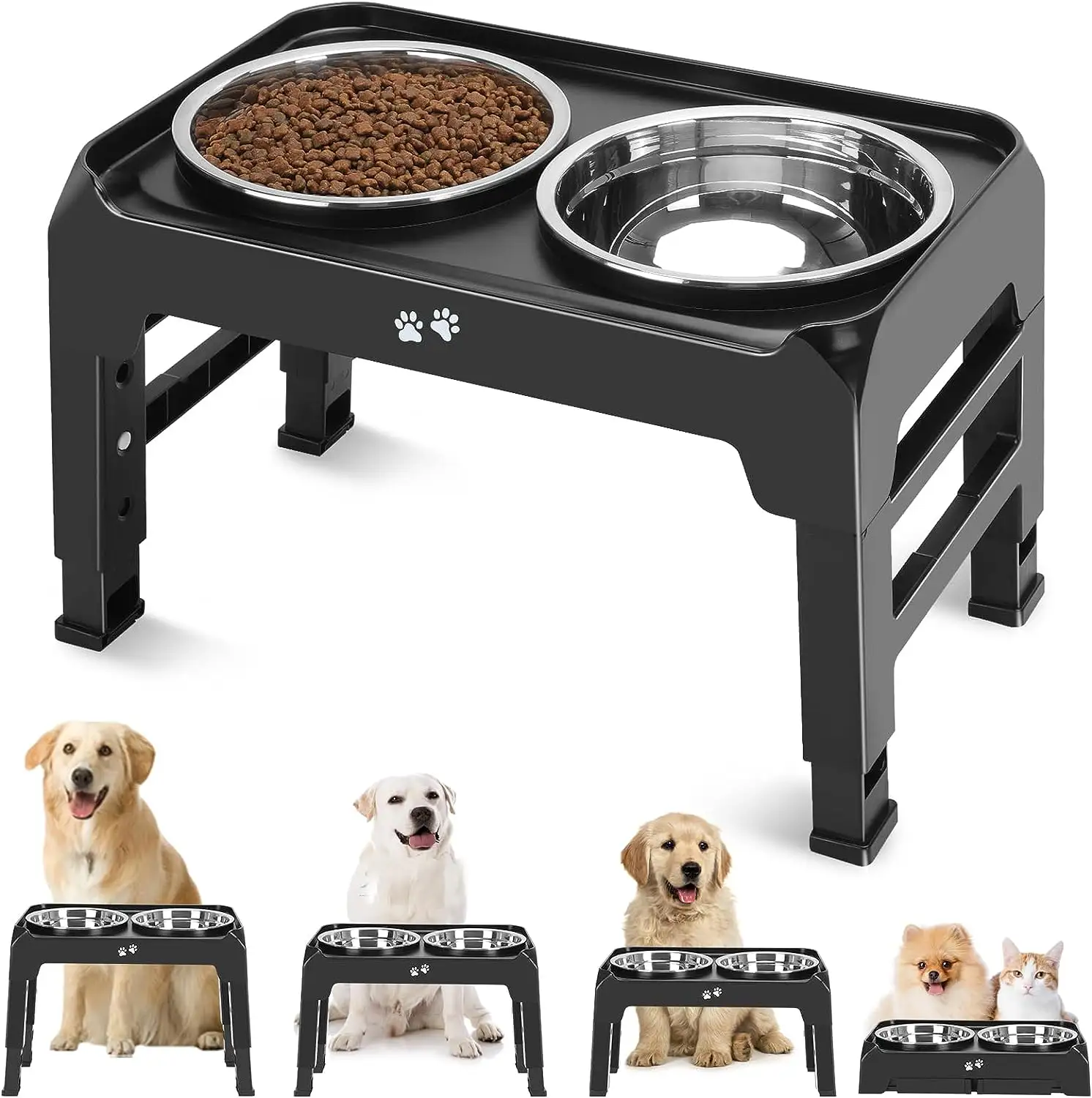 Ajustável Raised Dog Bowl Stand com 2 Grosso 50oz Aço Inoxidável Elevado Pet Bowls Non-Slip Dog Alimentador para Medium Large Dogs